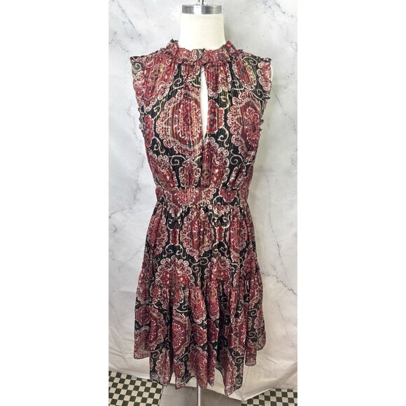 Kate Spade So Foxy Pleated Dress Silk Blend Red Metallic Medallion 6 boho Tierd - Picture 9 of 16